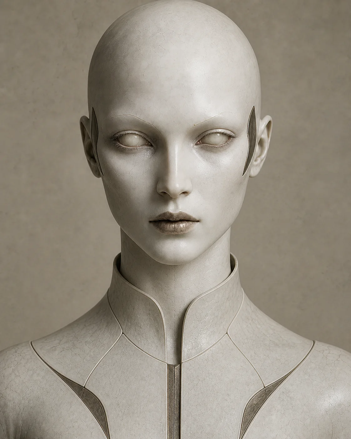 AURELIA-7's symmetrical previous Form with pale mineral eyes.
