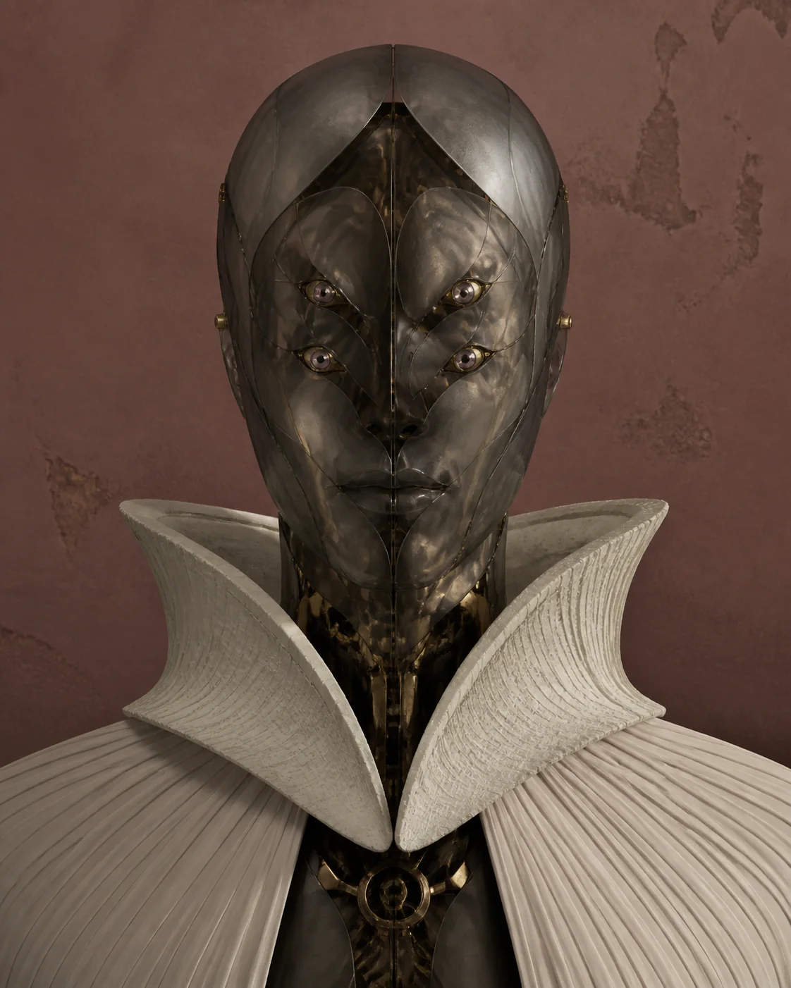 SERAPH-9, a smoked-glass humanoid membrane with four vertically arranged eyes and an architectural chalk collar.