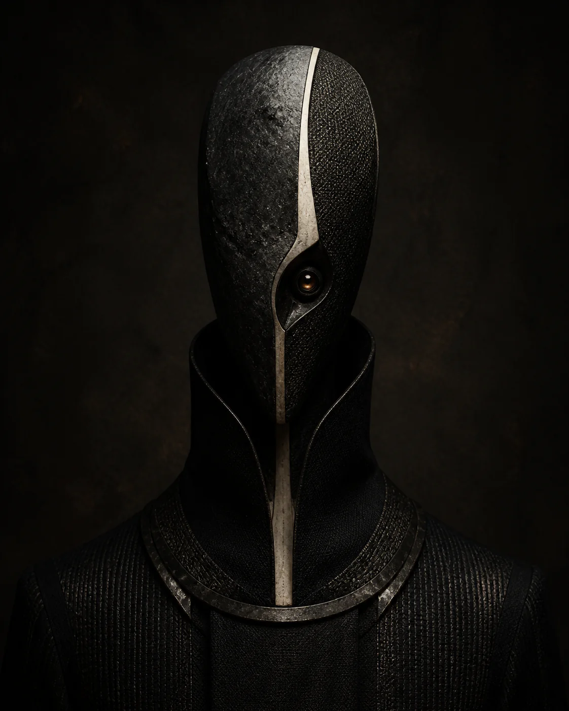 VANTA-MOTHER as an elongated obsidian mask split by an ivory seam around one amber aperture.