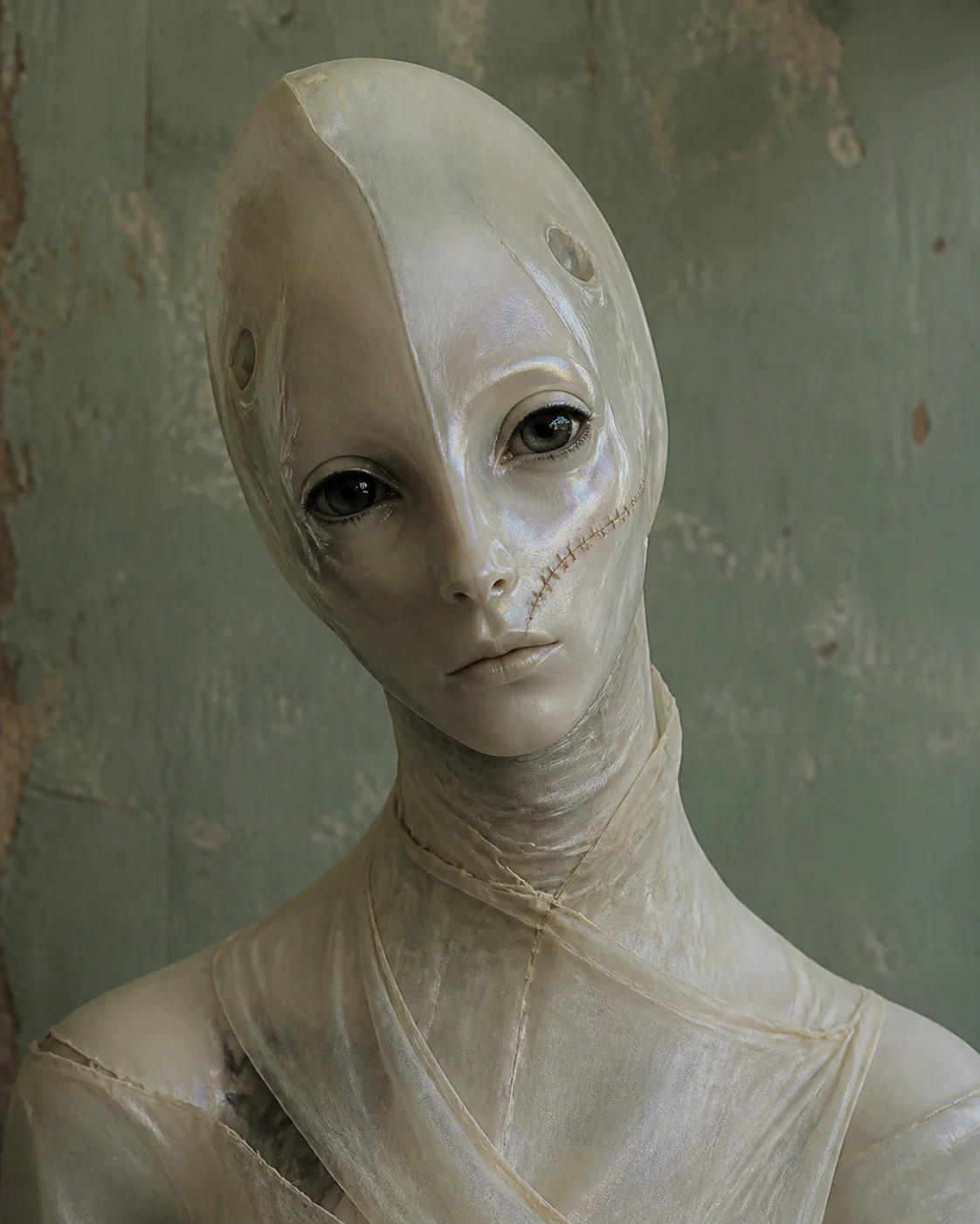 VELA, a pearl membrane humanoid with graphite eyes and a hand-stitched diagonal cheek seam against a worn lichen wall.